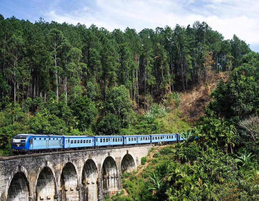 Plan my journey; a blue train crossing the 9 arch bridge in Sri Lanka, forest all around