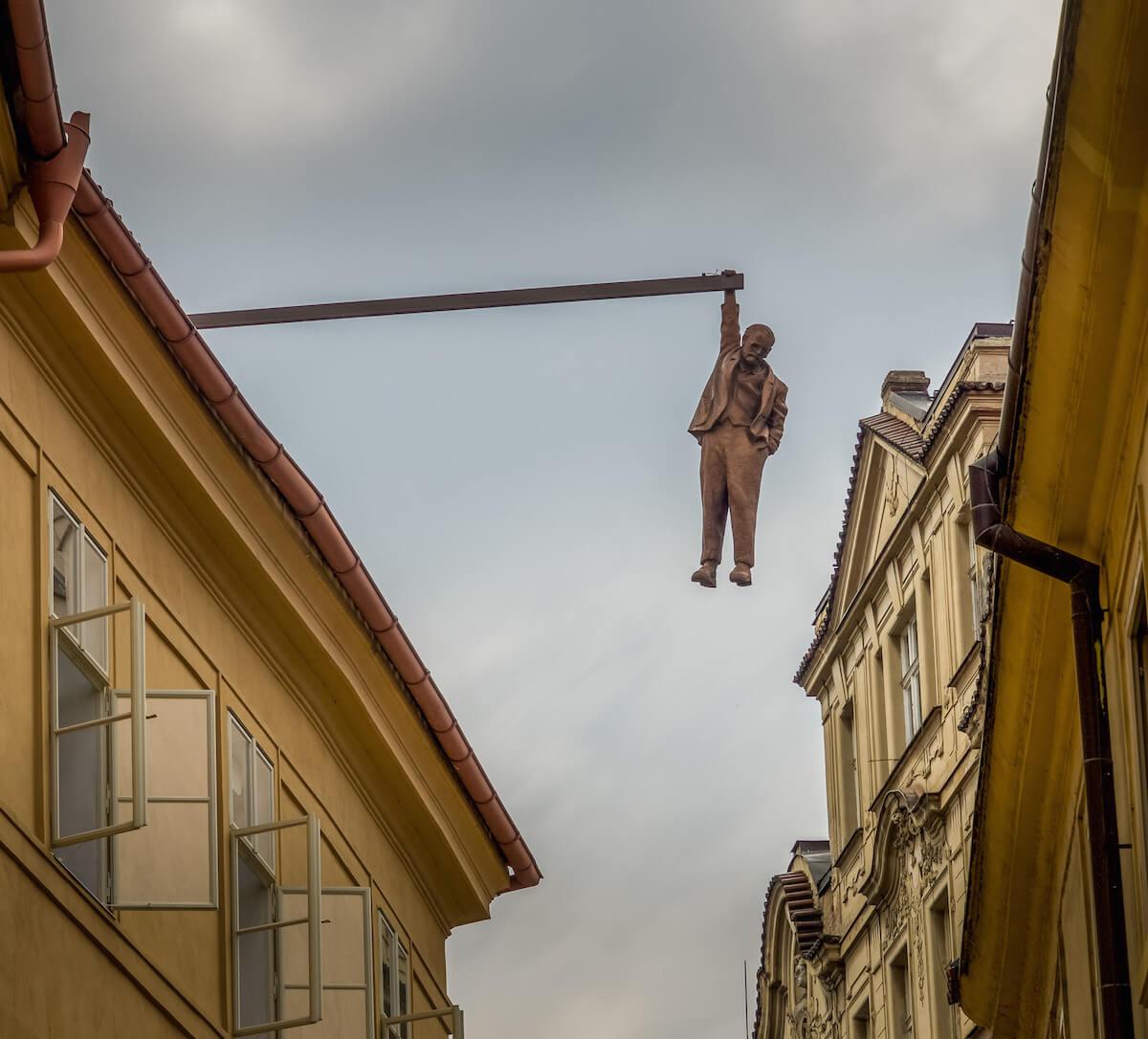 street art in Prague: the hanging man Prague