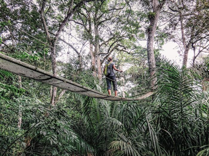 solo travel over 50: lady crossing a jungle bridge up high in the treetops