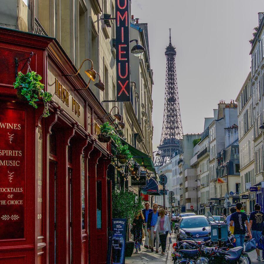 Paris Experiences see the Eiffel Tower peeking out from the end of Rue Dominque_