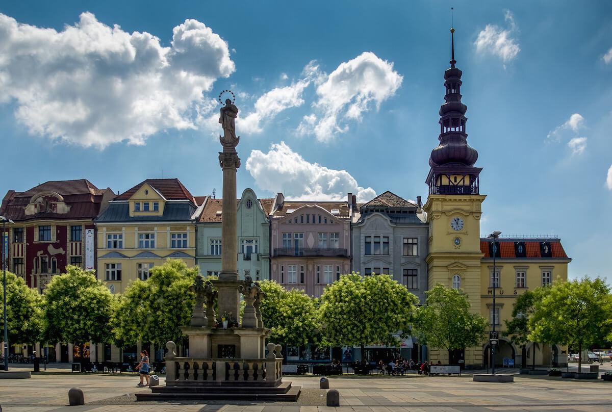 Ostrava Czech Republic: pink, green and yellow buildings in Masaryk Square