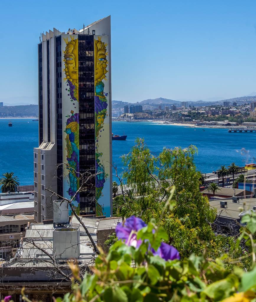 Things to do in Valparaiso: the tallest mural on an office building, a golden female sea creature