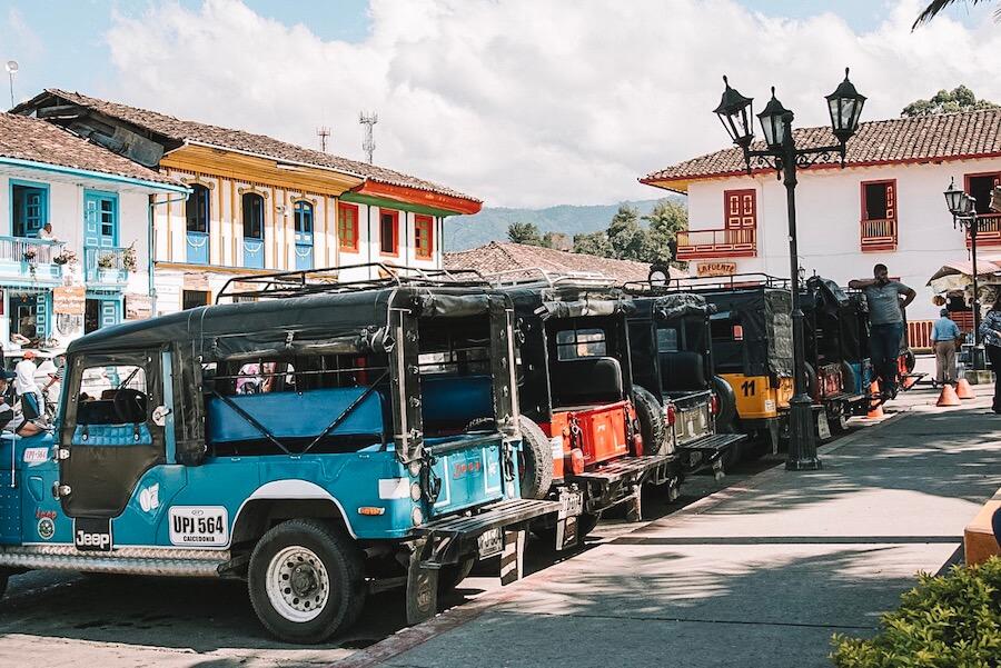 Salento Colombia | colourful "Willy" jeeps all lined up in the plaza
