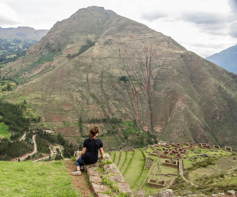 Alison Browne looking out to the Andes and over the Inca ruins below, Pisac Peru