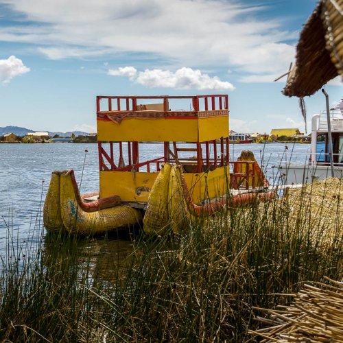 reed boat with yellow platform to stand on, sitting by green reeds in lake