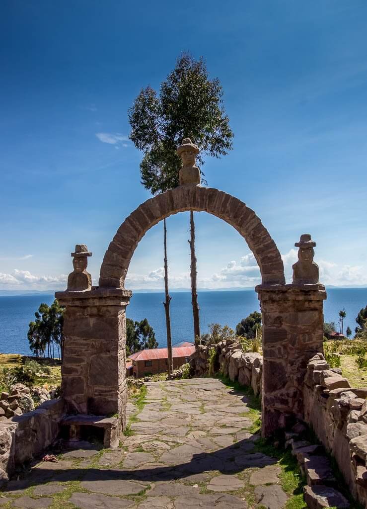 Taquile Island with a beautiful archway framing the blue lake