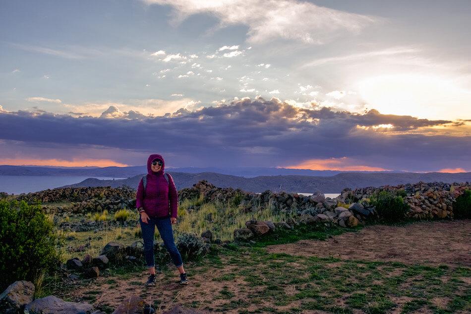 Alison Browne standing a top Amantani Island Peru