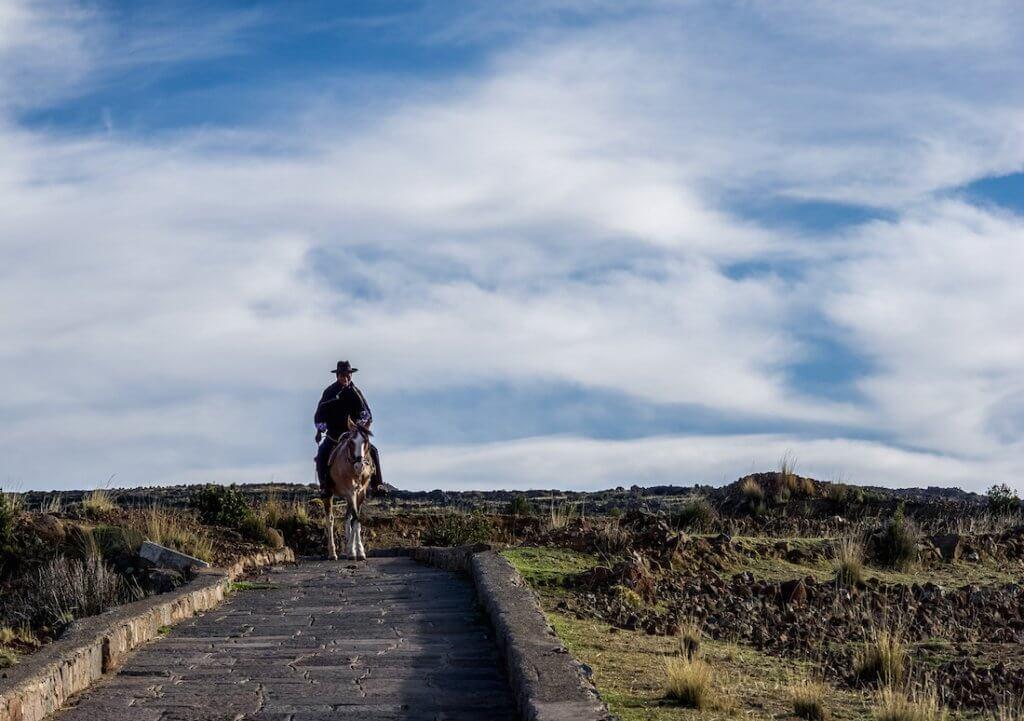 man wearing sombrero riding a horse down a path