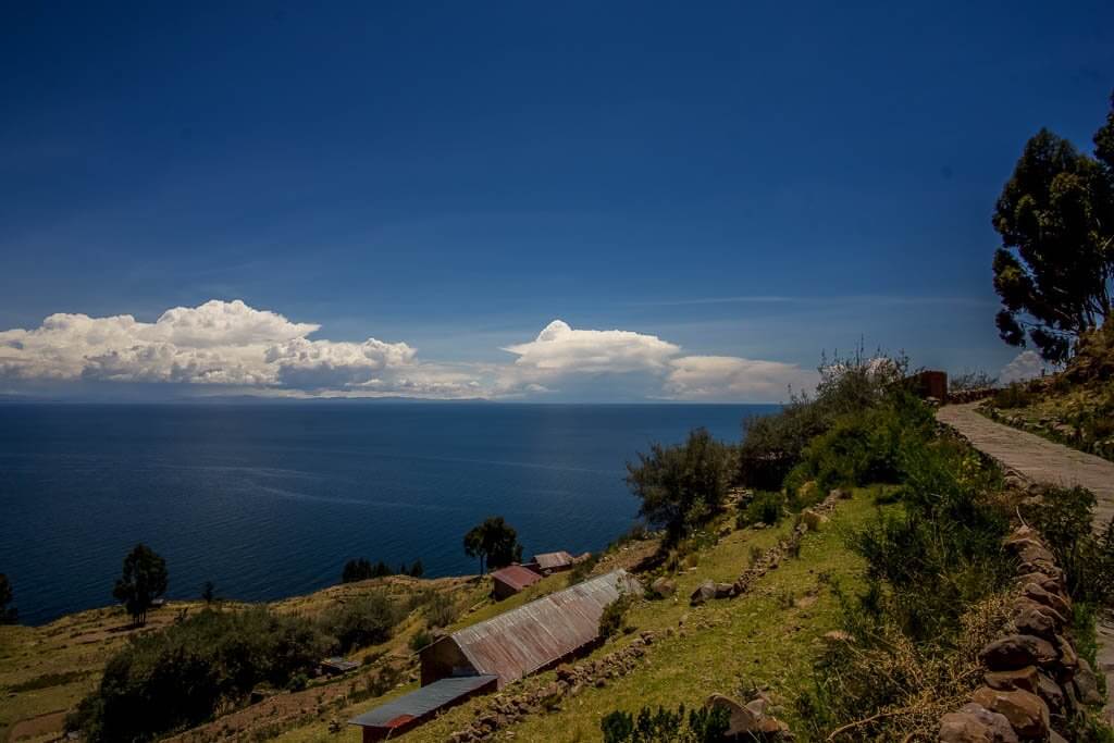 Stunning views over farm houses and Lake Titicaca from Taquile Island