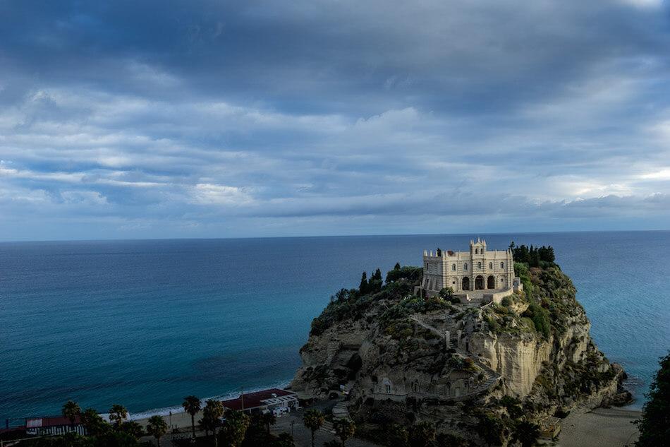 Tropea Italia: the white church sits on a cliff looking out over the sea