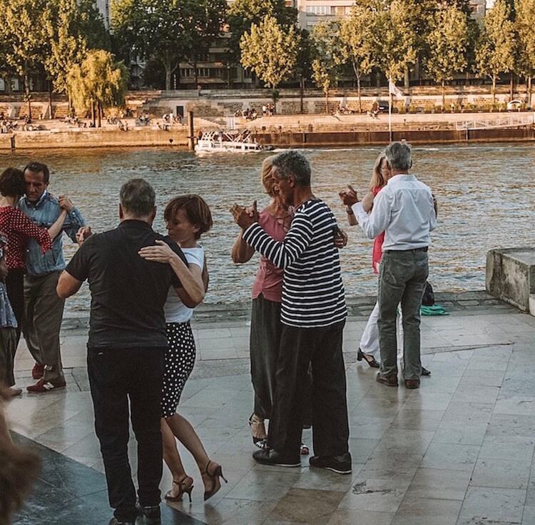 Tango by the Seine: 4 couples dancing