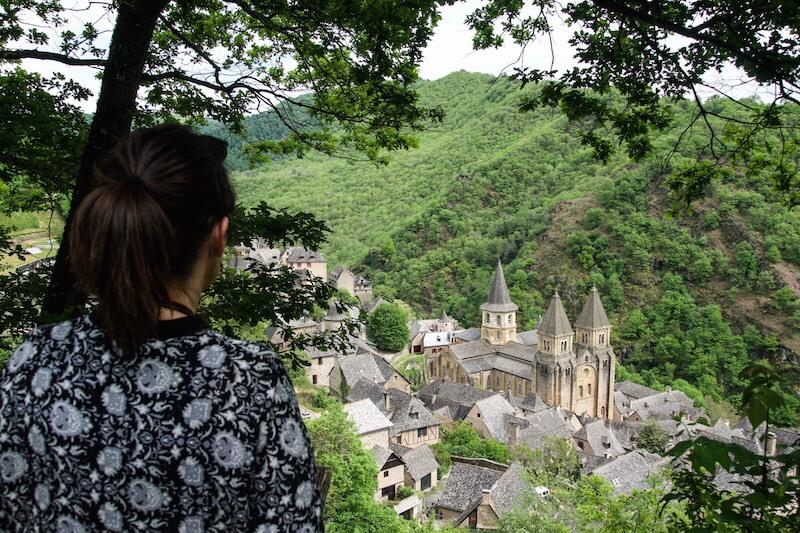 Conques, France: looking over the village of Conques and the 3 spires of the church