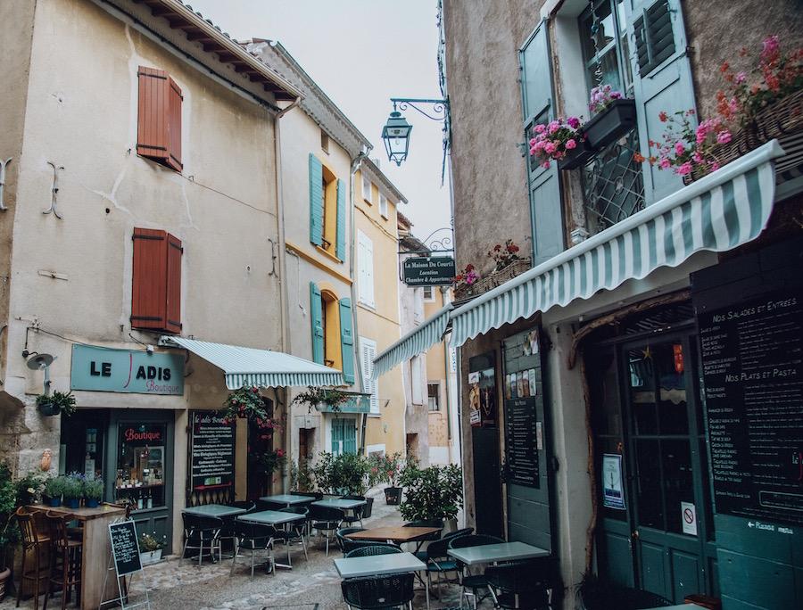 Cafés on a tiny street- moustiers-france-2019