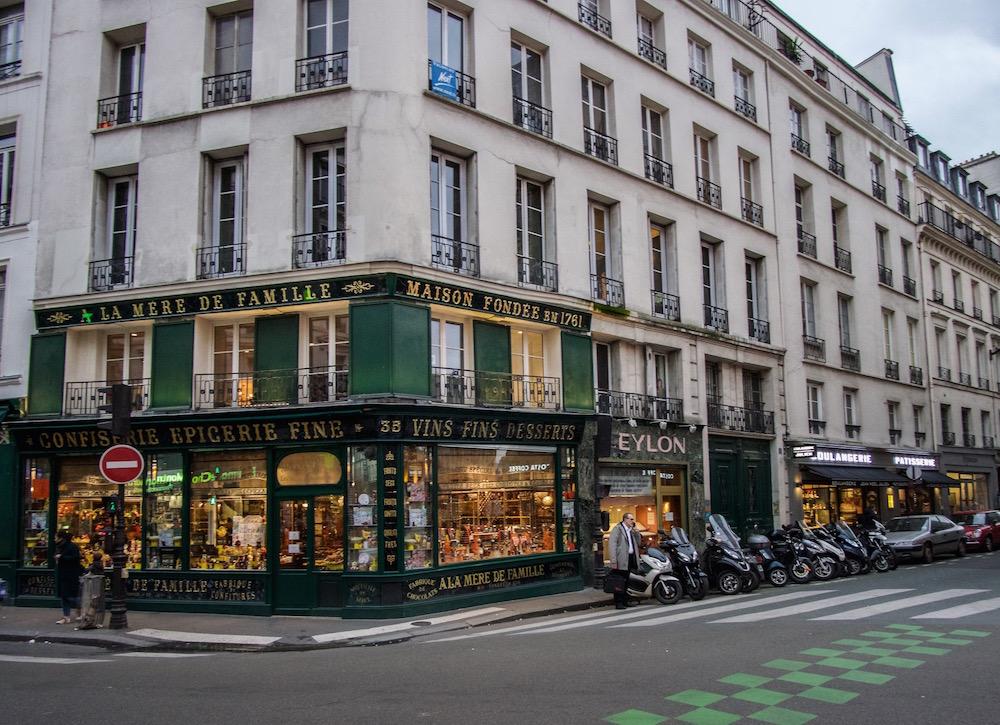 Valentine's Day in Paris indulge in goodies at classic French shops like this one on the corner A La Mere de  Famille