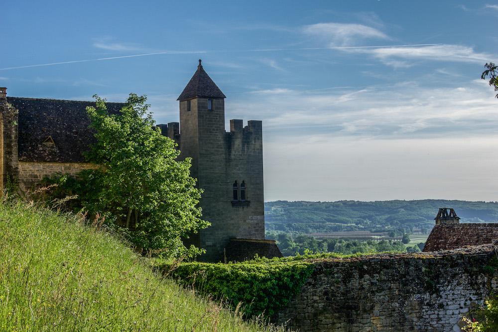 Beynac castle in the Dordogne Valley. View over rolling countryside