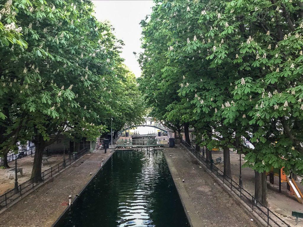 Chestnut trees blooming in Paris over the Canal Saint-Martin