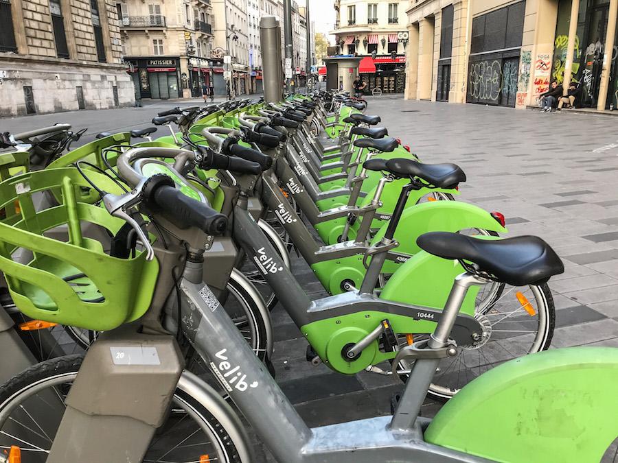 More than one Velib bike waiting at the station to be taken for a ride