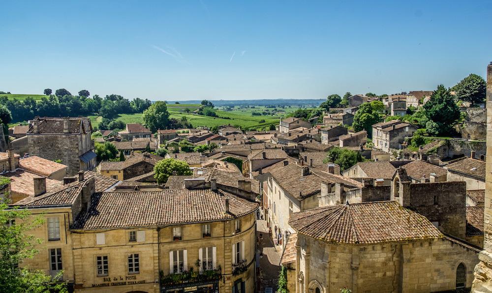 St Emilion with its yellow buildings looking out over the Dordogne Valley