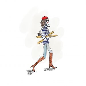 anything is possible in Paris - sketch of a gal in a beret, carrying baguettes and a camera