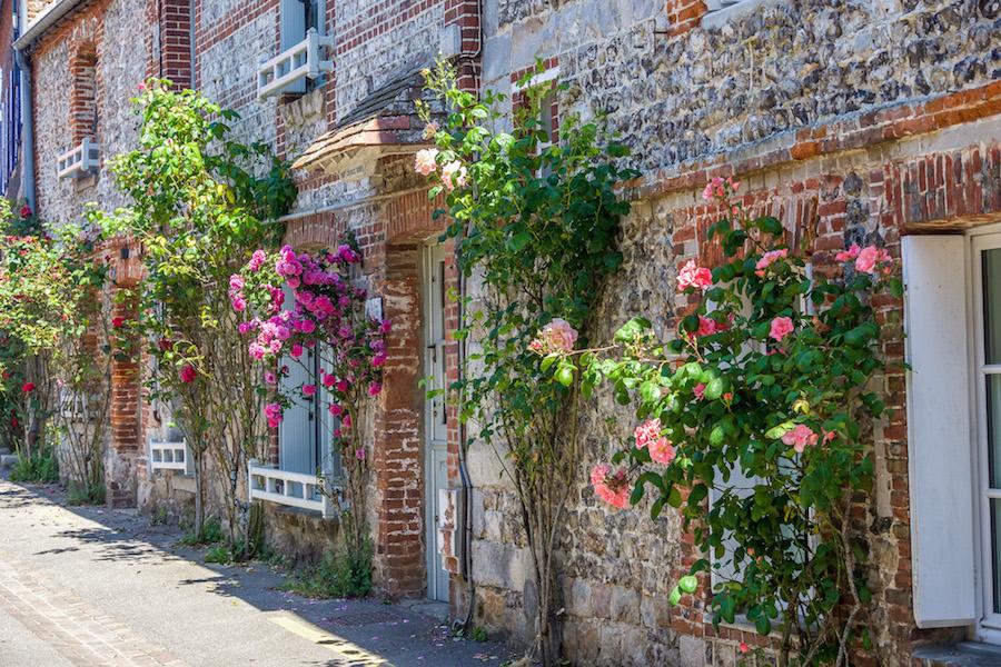 visit Veules-les-roses on of les plus beaux villages de France- pink roses climb the brick walls