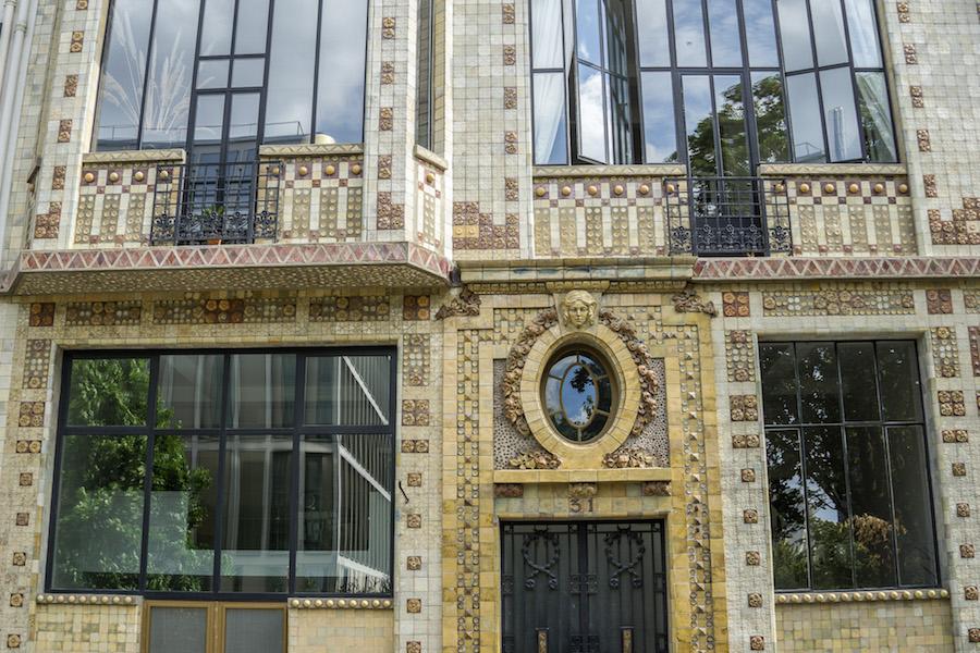 in the 14th arrondissement of Paris, a ceramic facade with large atelier windows