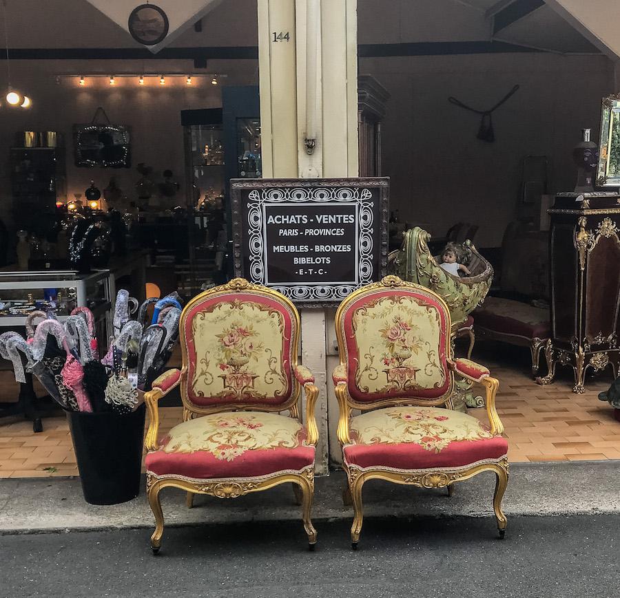 the Paris Flea Market (le Marché aux Puces de St. Ouen) - 2 armchairs rose and yellow coloured
