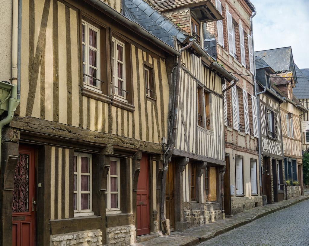 half-timbered houses in Honfleur  line the streets