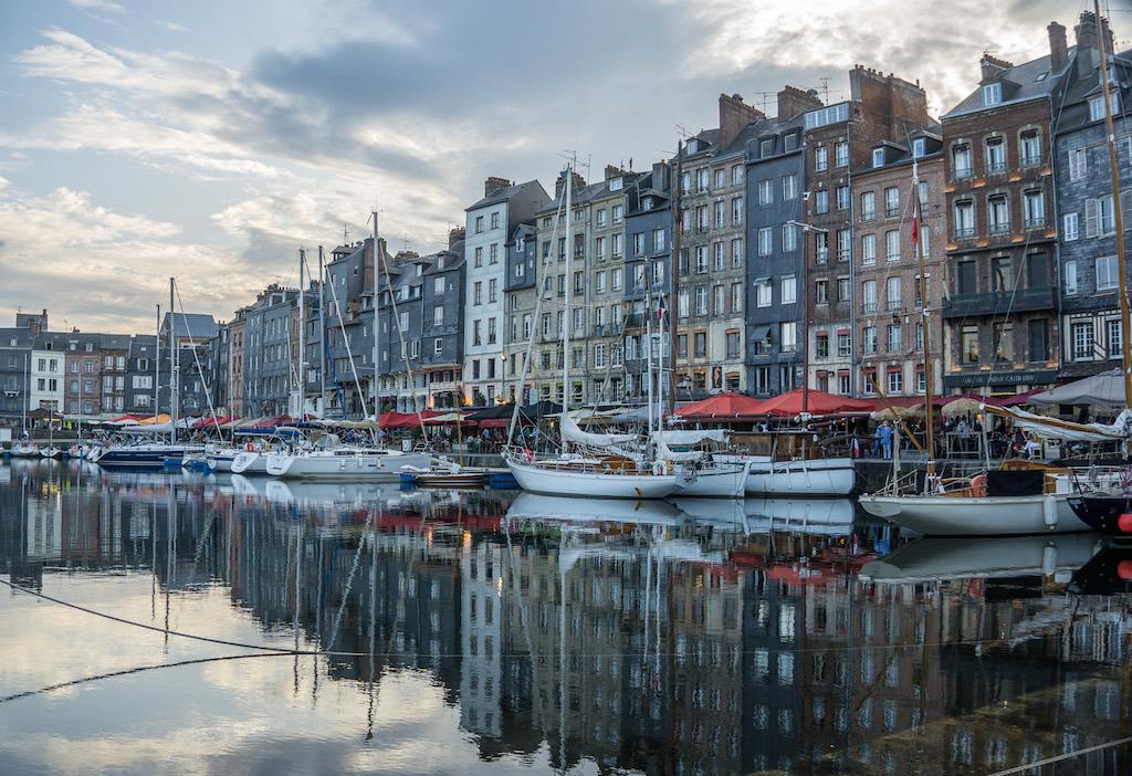 Honfleur France - the vieux bassin, tall skinny houses and sailboats in front