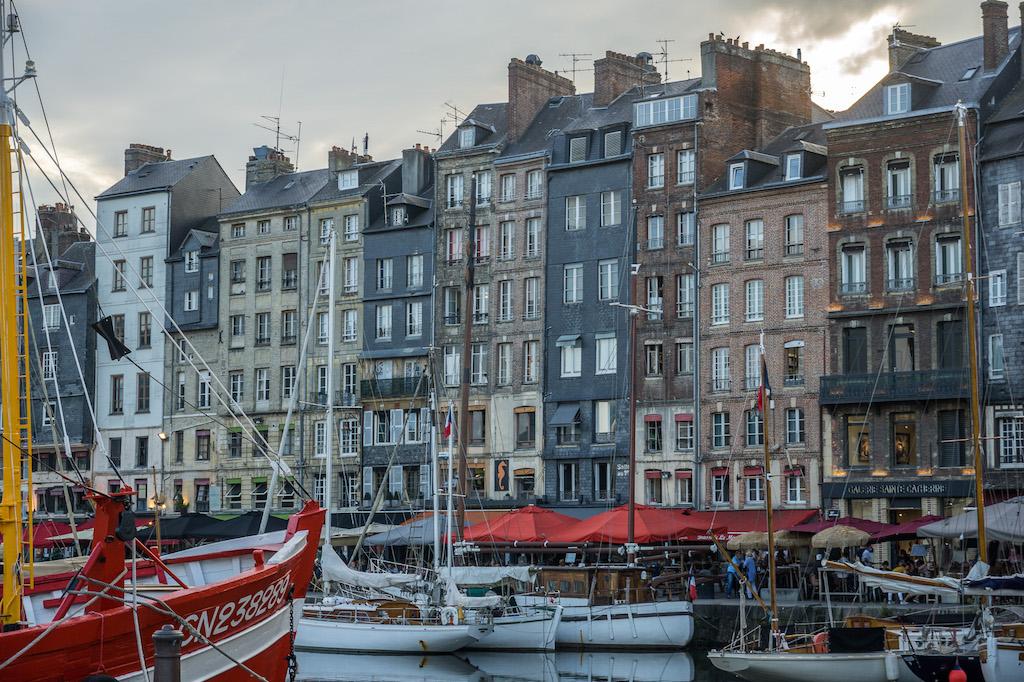 Honfleur Normandie - the vieux bassin, tall skinny houses and sailboats 