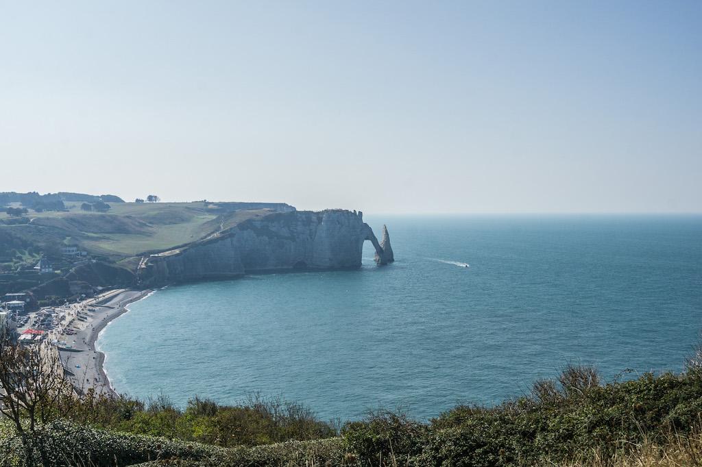 view of the cliffs of Etretat and the beach