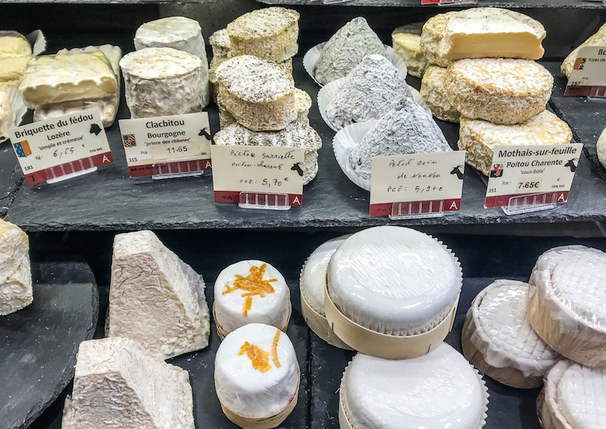 Selection of cheeses at a fromagerie