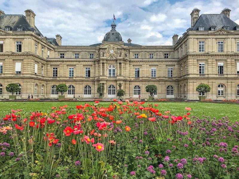 Jardin du Luxembourg palace  and red poppies 