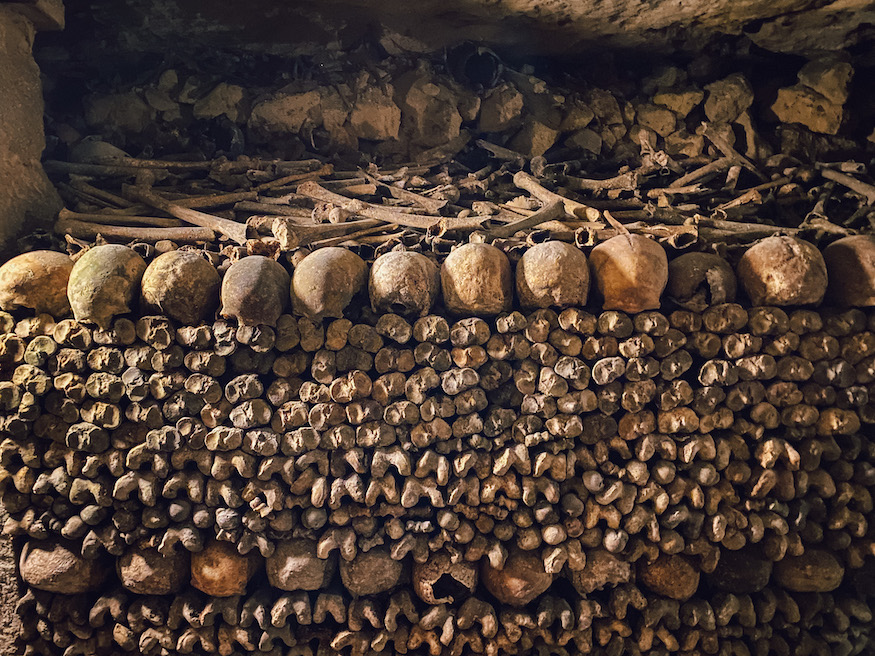 skulls and bones at the Paris Catacombs